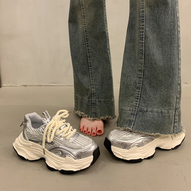 Best selling thick sole dad shoes women's height increasing easiest for match casual shoes 2025new arrivalspring & fall breathable silver sports shoes