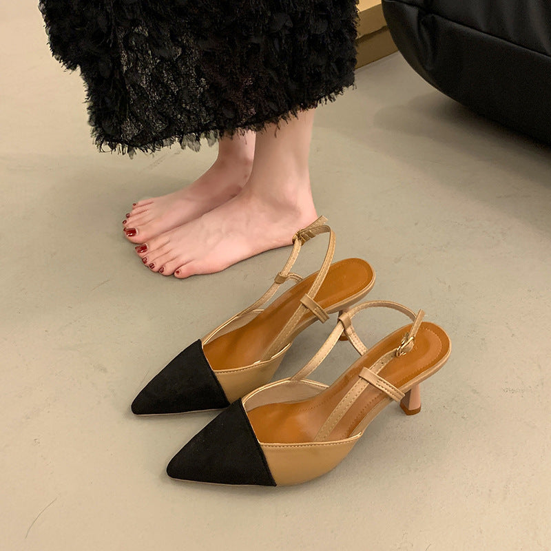 2024 summer new fashion pointed-toe stiletto sandals, french color-block low-cut high heels, open-back designer women's shoes