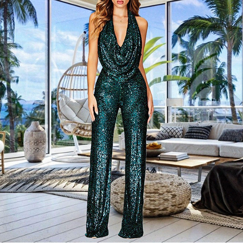 Ready-to-ship european and american new arrivals:   summer cross-border sleeveless halter sequin jumpsuit for women