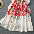 early spring new arrival: women's unique & elegant sleeveless midi dress with notch collar, cinched waist, single-breasted button detail, and flowy printed skirt
