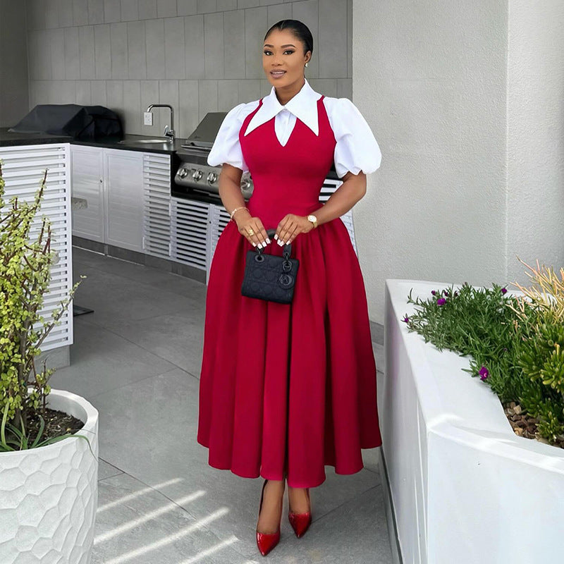 European and american style women's summer  elegant bubble sleeve blouse collar high waist slimming dress - faux two-piece