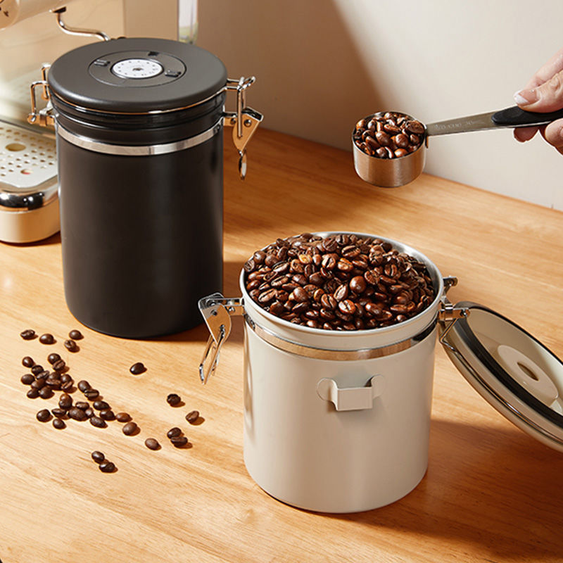 Stainless steel 304 airtight coffee bean storage canister with spoon - also suitable for tea, features one-way valve for vacuum sealing