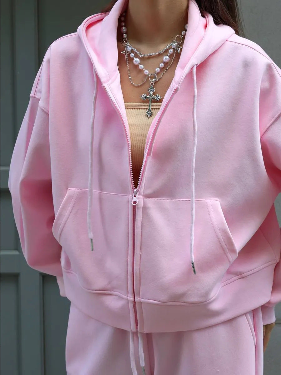 Europe and America Cross-border Sports Suit Long Sleeve Zipper Cardigan Hooded Sweater Lace-up Pants Two-piece Cotton Set