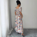 new european and american style floral midi dress with square neck, puff short sleeves, ruched bust, and a-line silhouette