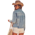Fashion cross-border foreign trade lapel beading double patch pocket metal button hem raw edge drop shoulder version denim outwear for women
