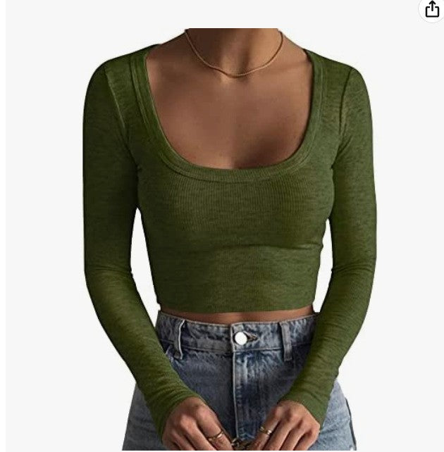 2024 new product  Europe and America, large round neck long sleeve threaded pure cotton ultra-short slim and thin T-shirt with exposed navel base.