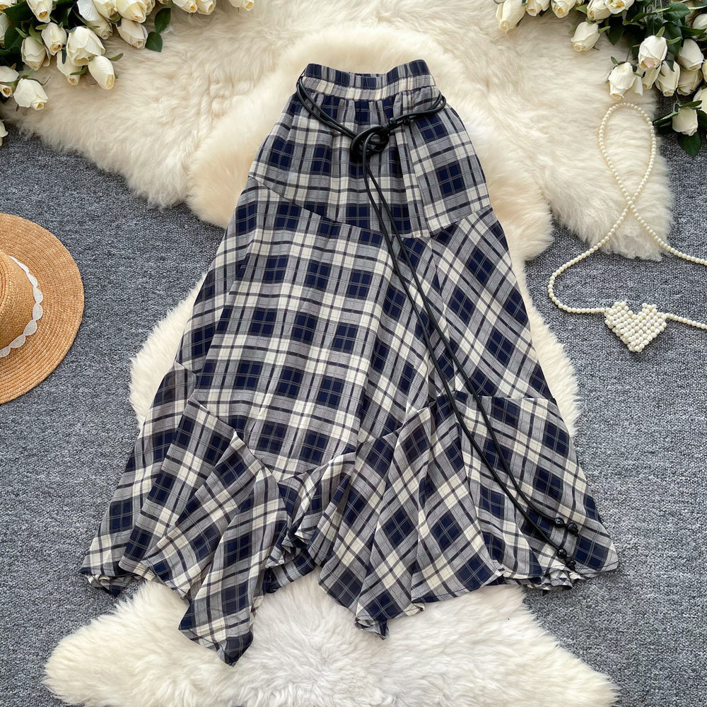 Vintage plaid midi skirt - women's high-waisted a-line swing skirt - commute-friendly fashion - coffee brown irregular patchwork maxi skirt