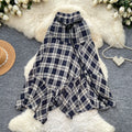 Vintage plaid midi skirt - women's high-waisted a-line swing skirt - commute-friendly fashion - coffee brown irregular patchwork maxi skirt
