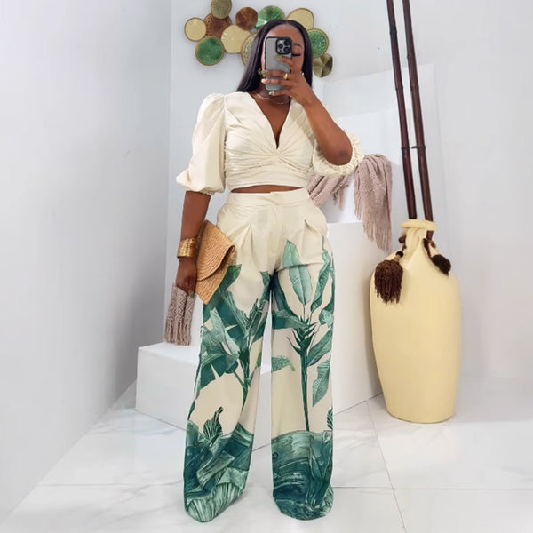 S10927 Printed V-Neck Lantern Sleeve Wide Leg Pants Set