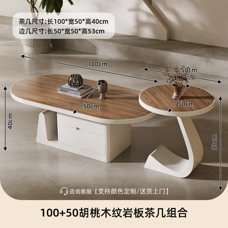 living room home small apartment coffee table oval slate storage solid walnut wood mid-century style with drawer