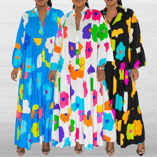 S10561 European, American, sexy, printed pullover long splicing color long-sleeved large skirt dress