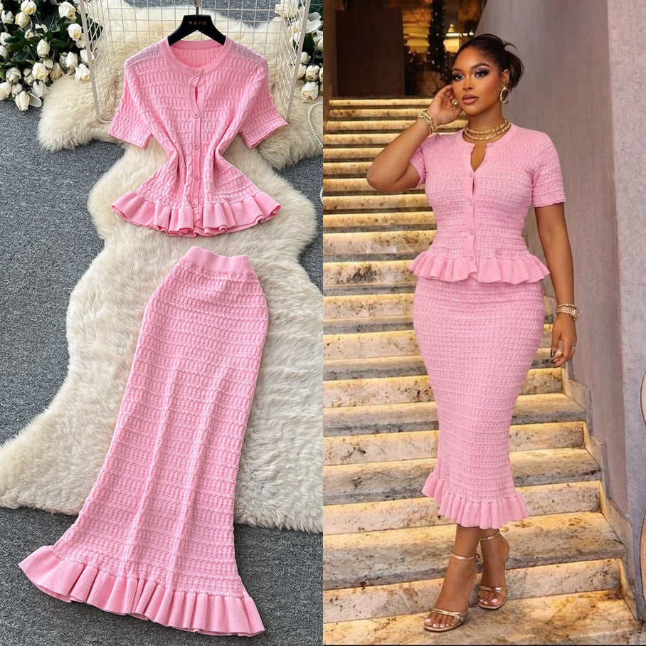 K-styleknittingrufflesilm two-piece set for women summer silm light mature elegance style work clothingelegantsuit
