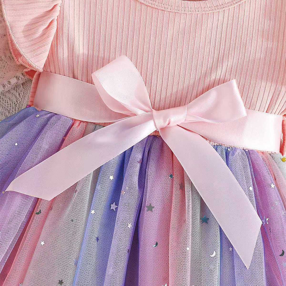 Children's clothingfashionsweet girl flying sleeves bows mesh summerdressfashion