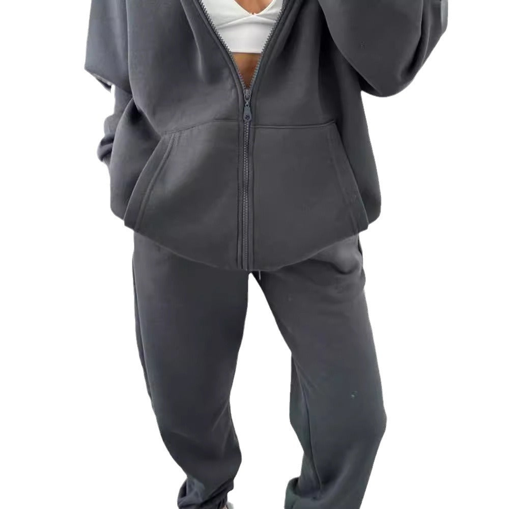 European and American independent station  autumn and winter  women's clothing fashion long-sleeved hooded sports cardigan casual trousers set