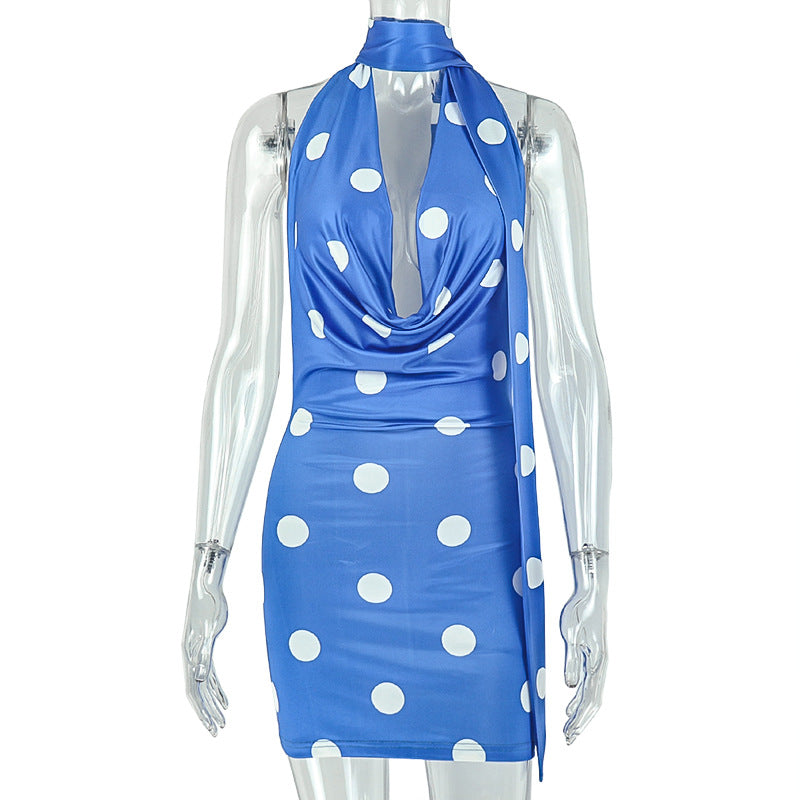 European and american style cross-border women's polka dot choker tie summer bodycon mini dress - sleeveless, sexy, open back