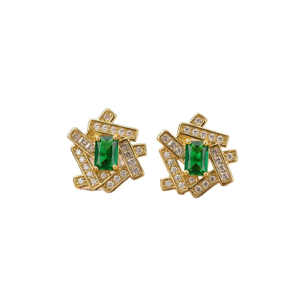 Stylishfashion copper inlaid zirconium emerald geometric necklace women's light luxury easiest for matchelegantcasual non-fading earrings suit