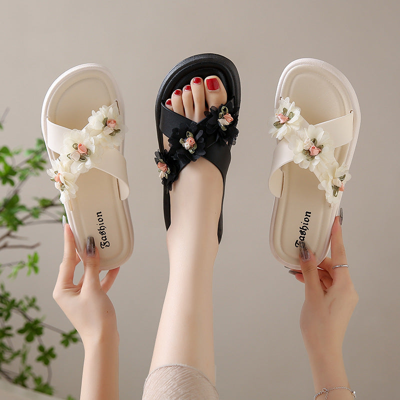 Sweet fairy style slippers women's new summer outwearfashion flower dissolving thick sole cross one-character sandals