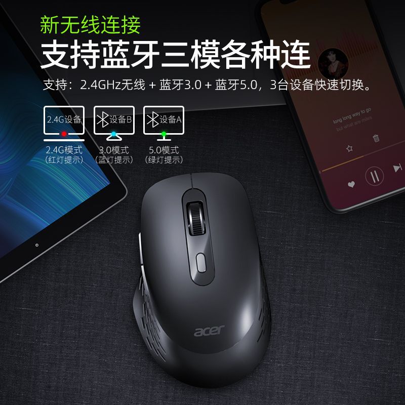 Acer omr215 wireless bluetooth tri-mode gaming mouse - rechargeable, portable, office mouse - millennial pink