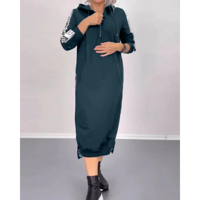 fall/winter new arrivals: european and american fashion slit letter print hooded long sleeve dress - women's apparel