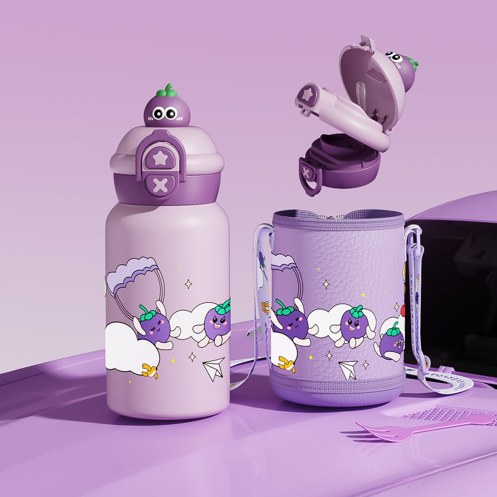 Double-drink kids' thermos with straw, 316 stainless steel, cartoon portable bounce lid, creative figurine student water bottle