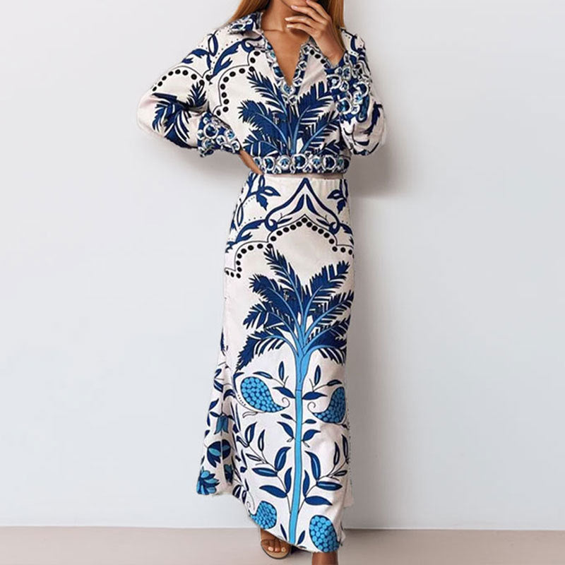 summer new women's clothing: cross-border european and american hot seller - fashionable printed v-neck irregular top and maxi skirt set