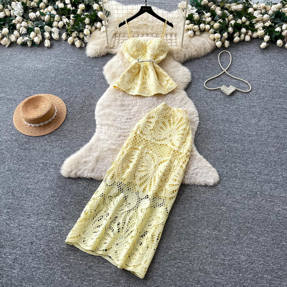 French cut outlace camisole high waist skirttwo-piece set female summer gentle intellectual elegantfashionsuit