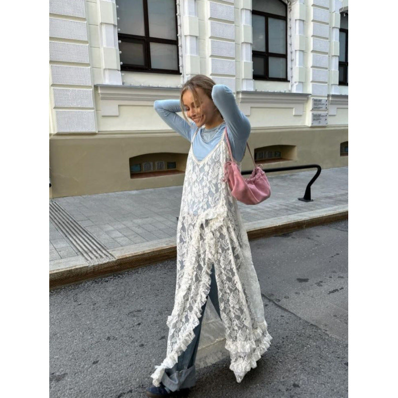 Forest style new arrival  lace skirt sense of design asymmetrical long skirt insruffles long skirt