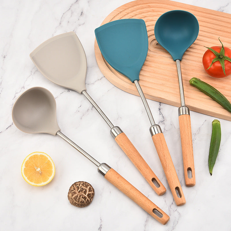 Food grade 304 stainless steel pipe handle cooking shovel household beech handle spoon shovel non-stick pan silicone kitchenware
