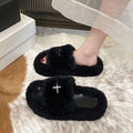 Celebrity style letter fur slippers thick soleoutwearfashioneasiest for match2024 autumn and winter new arrival women's home cotton slippers