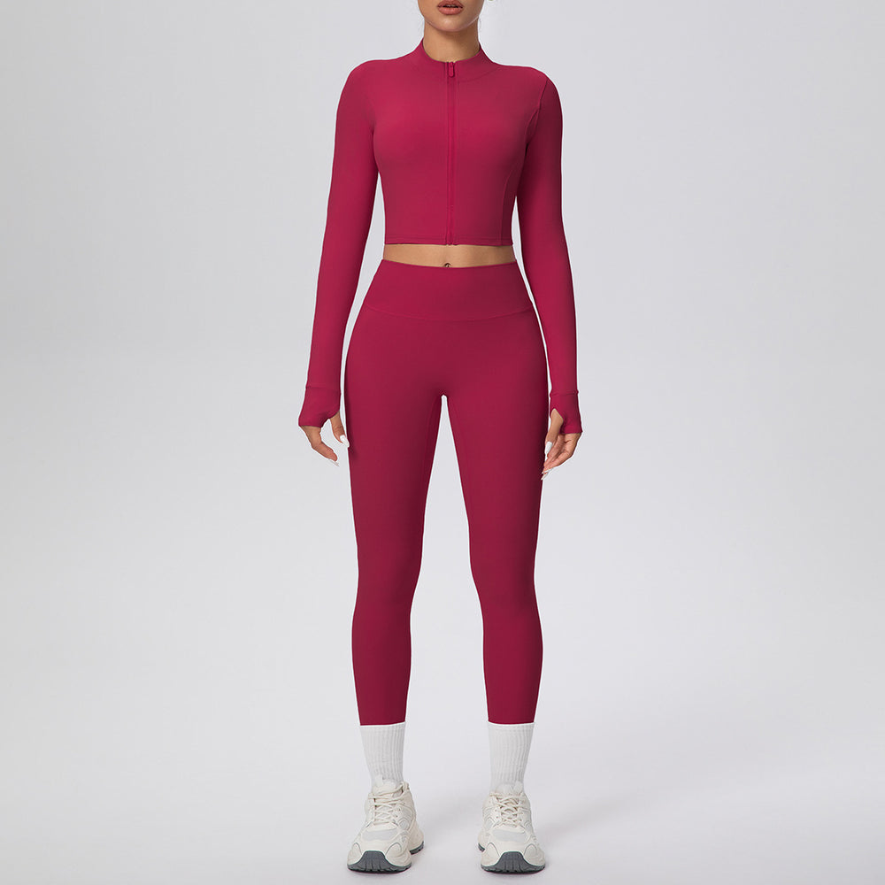 Ready-to-ship cross-border solid color double-sided brushed naked feel cropped jacket set - tight-fitting running, fitness, and yoga two-piece outfit