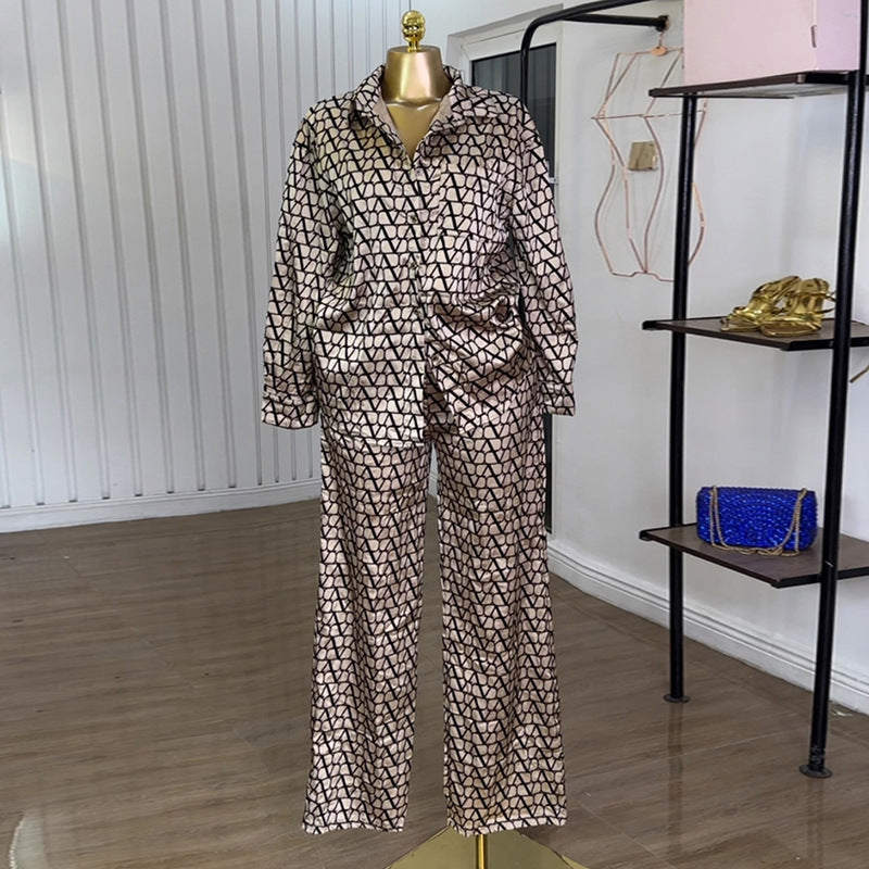 European and american cross-border women's fashion:  autumn new collection - trendy printed oversized long-sleeve shirt and wide-leg pants casual set