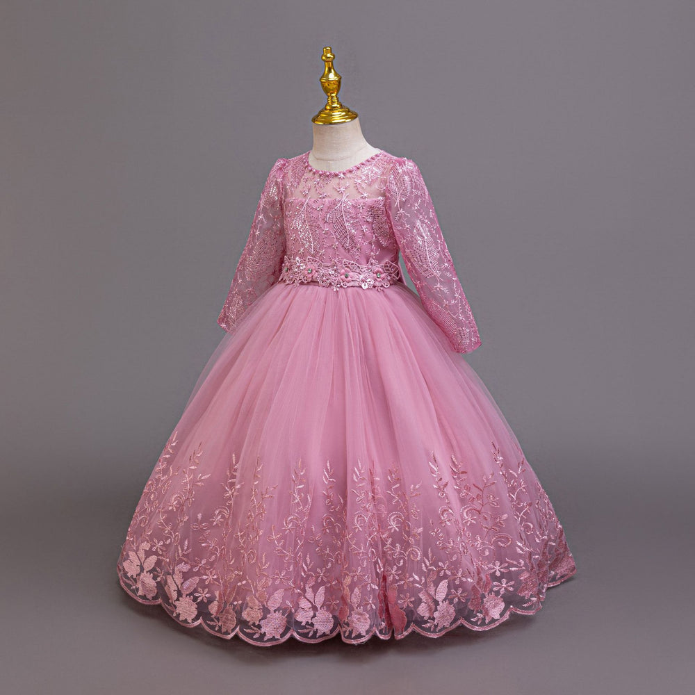 Export ready-to-ship long-sleeved children's formal dress, lace princess dress for girls, flower girl piano recital dress, girl dress