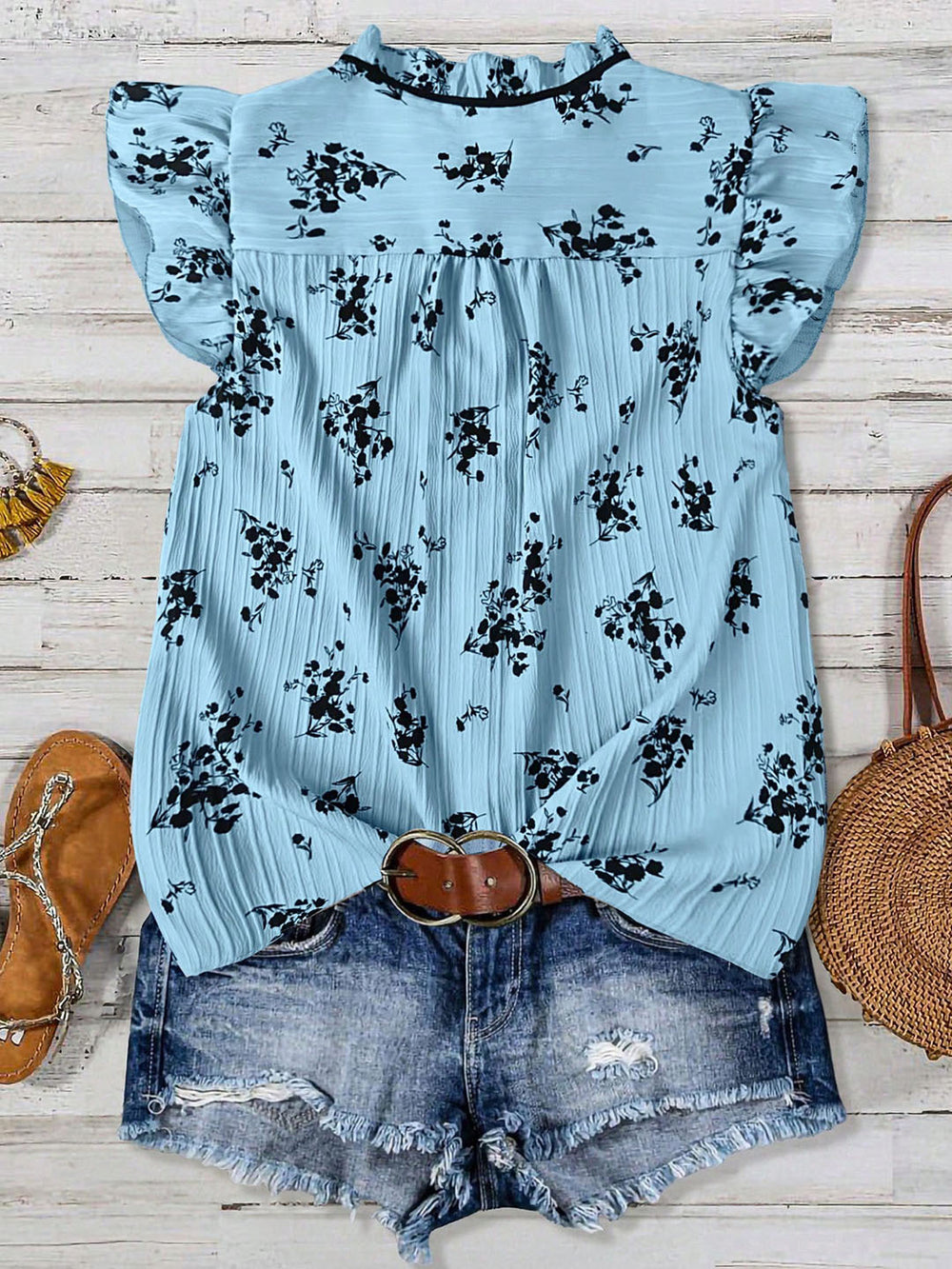fashionsummerplus size women's blue bottom floral tie back shirt fungus edge flying sleeves loosetops