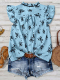 fashionsummerplus size women's blue bottom floral tie back shirt fungus edge flying sleeves loosetops