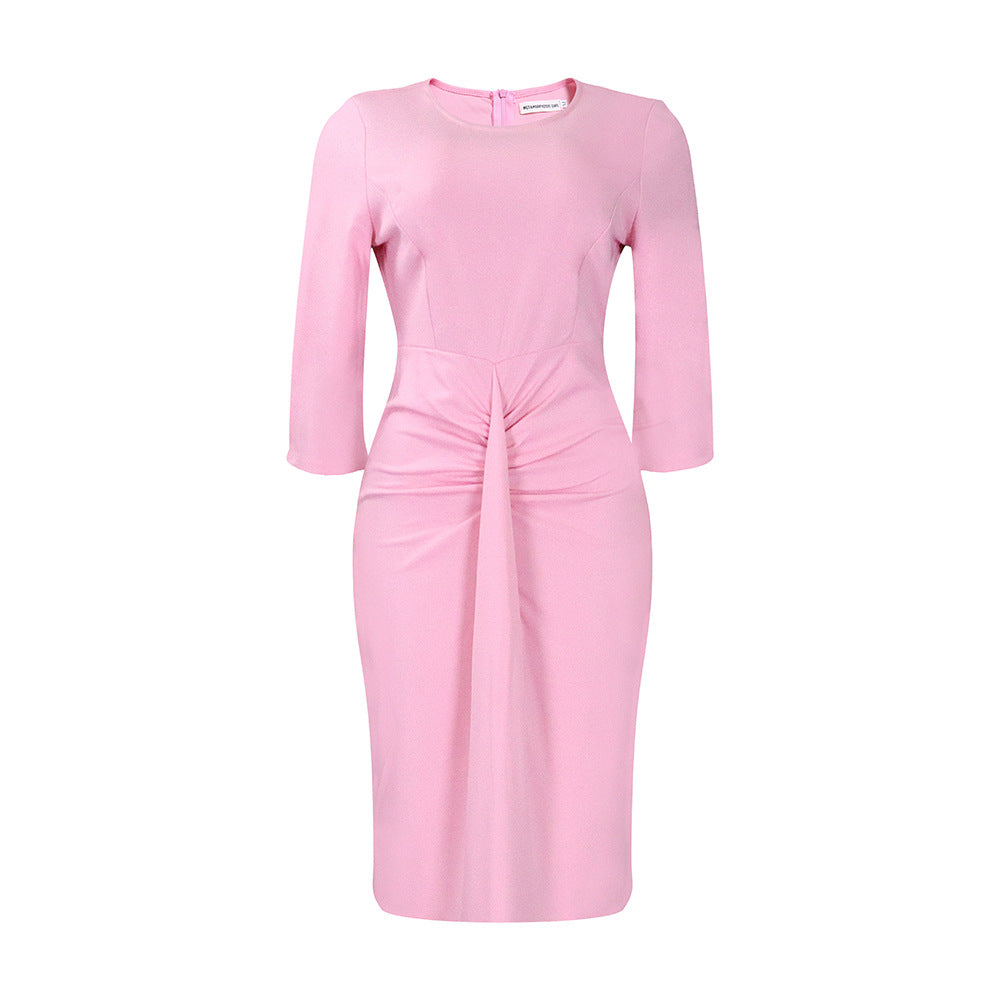 European and american style summer new fashion professional elegant solid color round neck bodycon pencil skirt ol dress - wholesale