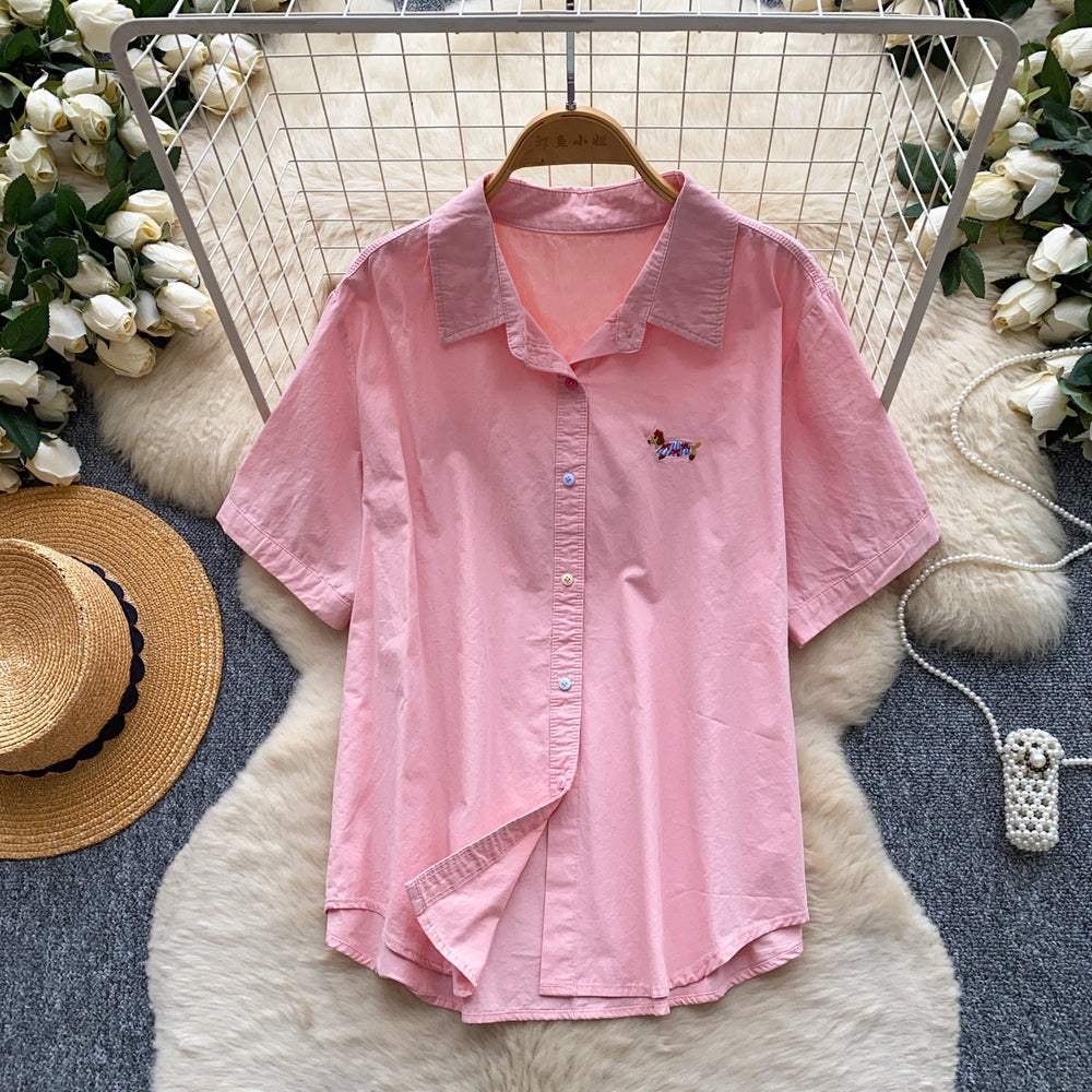 K-style pink polo collar small spur embroider short-sleeved shirt women's summernew arrivallooseeasiest for matchslimming looktops