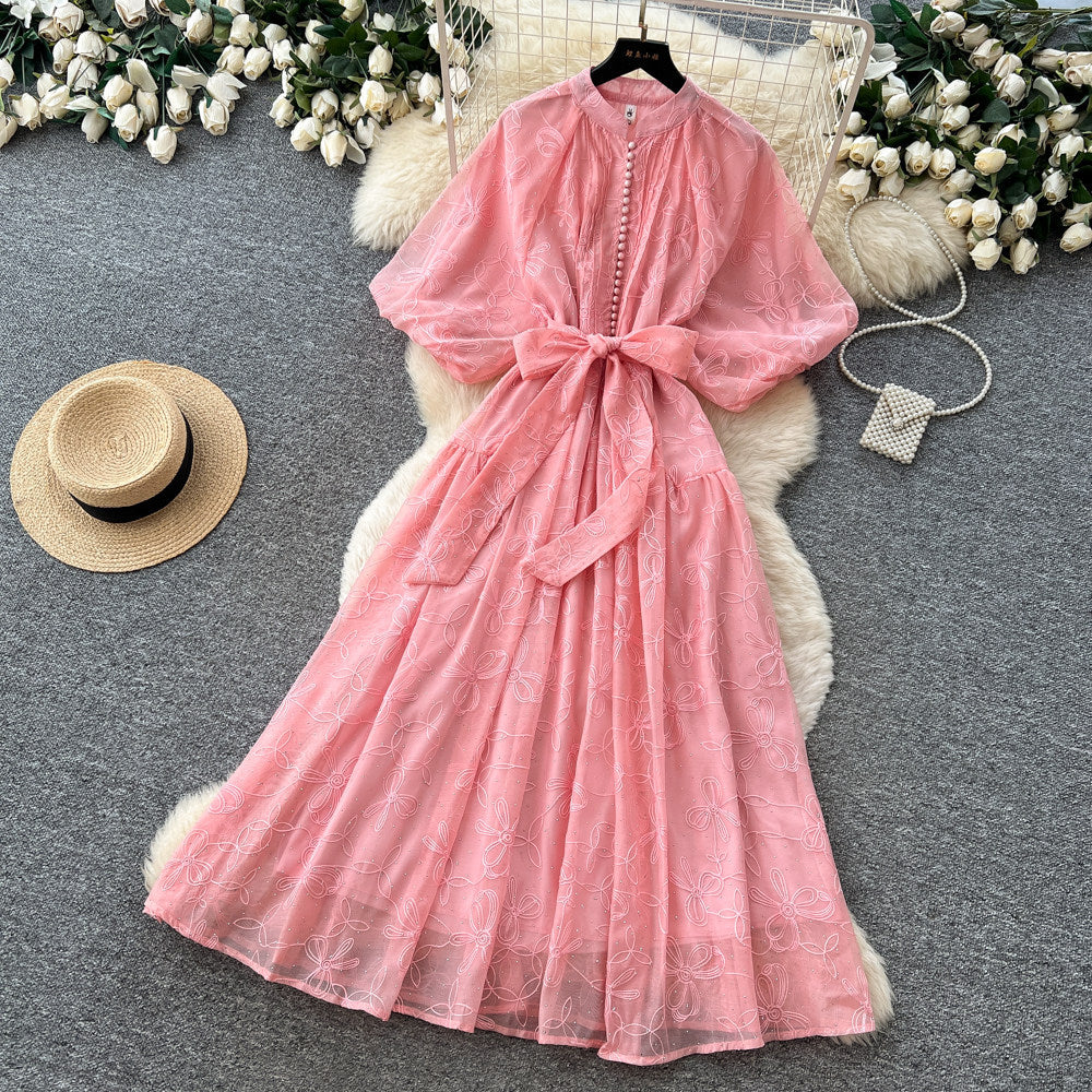 French yellow lace embroidery short sleeve dress women's summer high waist a-line dress commuter elegant long dress