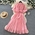 French yellow lace embroidery short sleeve dress women's summer high waist a-line dress commuter elegant long dress