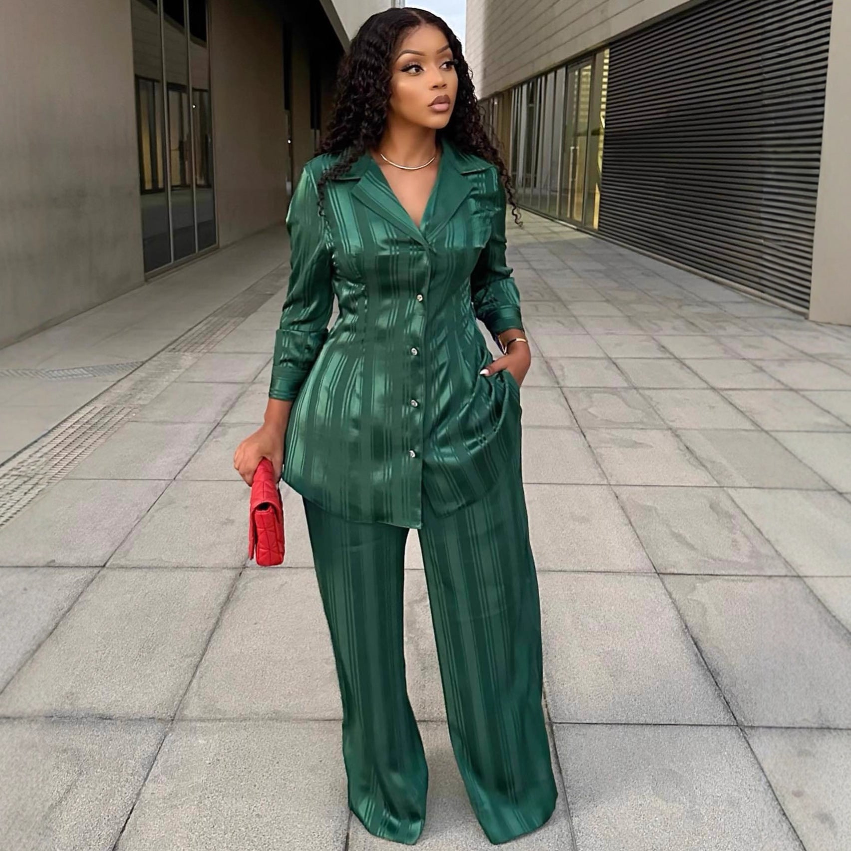 European and American large-size women's clothing long-sleeved suit collar cardigan shirt top wide-leg trousers African fashion foreign style two-piece set