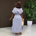 European and american cross-border women's clothing  summer new arrival: casual notch collar striped tie-waist short-sleeve shirt dress