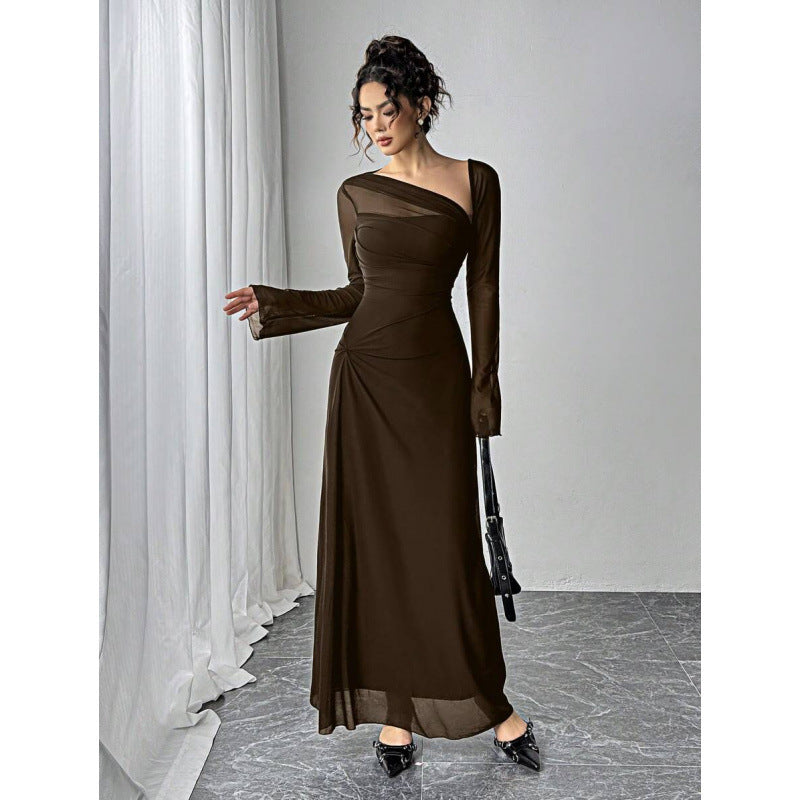 fashionautum mesh patchworklong sleeveselegance asymmetrical pleated silma-linedress women