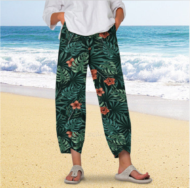 new  wide-leg pants: relaxed fit, cotton linen blend, printed, pocketed, elastic waist, cropped length - women's - in stock