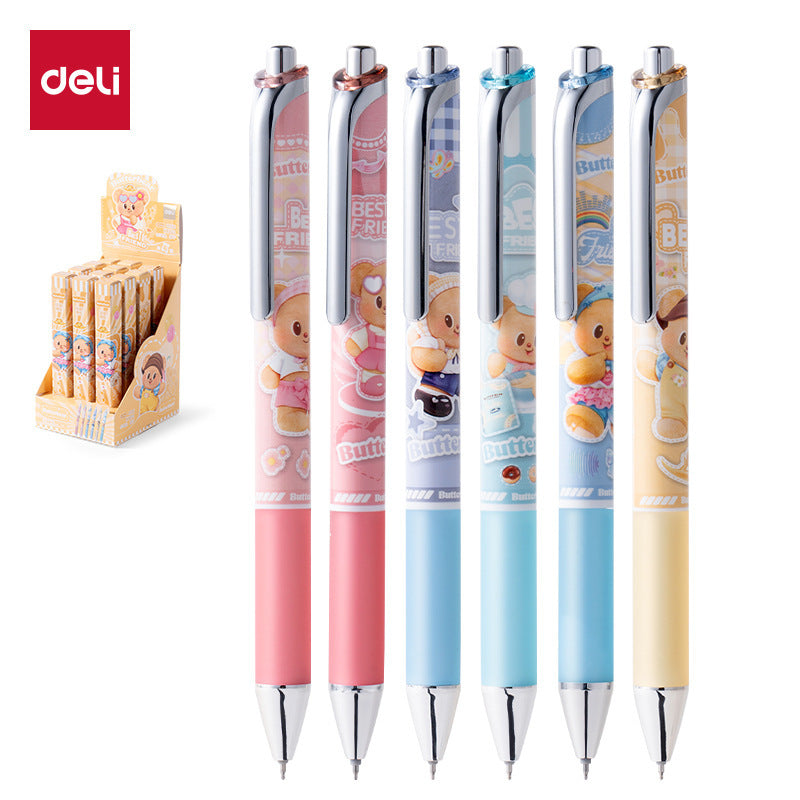 Deli HY022 Press Neutral Pen Blind Box Butter Bear Cute Student Exam Brush Question Pen 0.5 Black Flowerpen