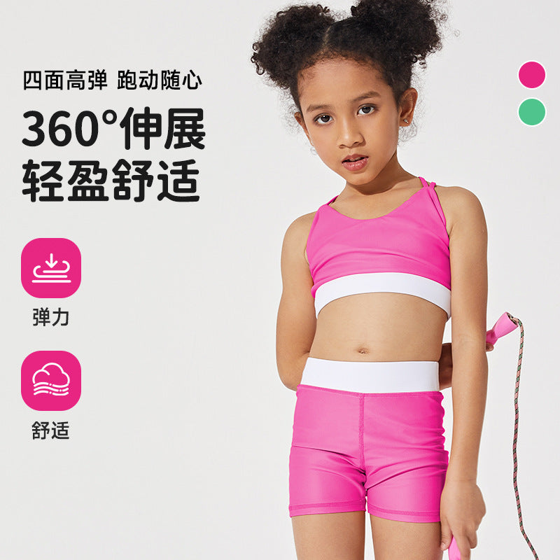 spring/summer new kids' yoga outfit - training, activewear, color block, high-waisted, criss-cross, fitness crop top for girls
