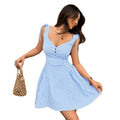 cross-border fashion  french retroplaiddress square neck lace waist slimming lookshort skirt