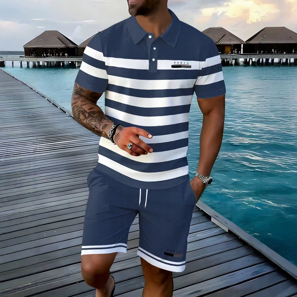hot-selling men's polo shirt set, new summer two-piece casual short-sleeve and shorts set, dropshipping available