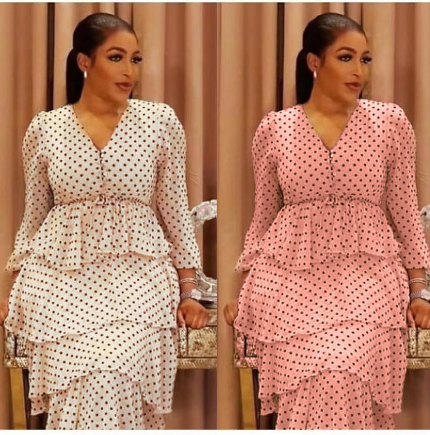 African plus size women's clothing   spring new v-neck waist-cinching polka dot chiffon dress
