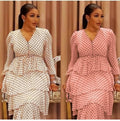 African plus size women's clothing   spring new v-neck waist-cinching polka dot chiffon dress