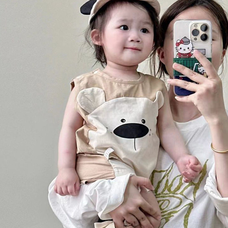 Baby summer outfit: adorable bear sleeveless romper for boys and girls - lightweight, cartoon design, perfect for outdoor adventures and 100-day celebrations