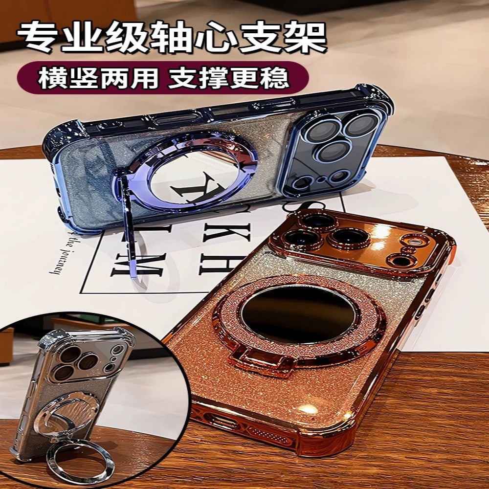 Glitter mirror magnetic stand iphone 17 case, compatible with apple 15, minimalist four-corner transparent electroplated soft case